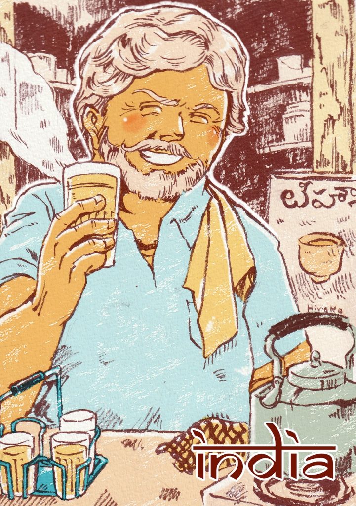 世界のおじちゃん】チャイ屋のおやじパニンドラ（インド） Panindra serves Chai(Indian tea) (India) |  織田博子（オダヒロコ）ポートフォリオ oda Hiroko portfolios